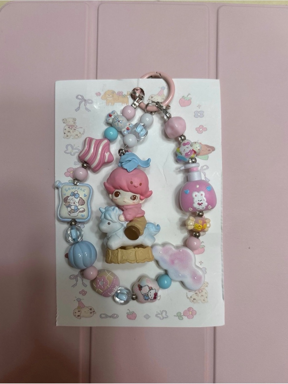 Pastel Pink Character Charm Keychain with Bead Accents